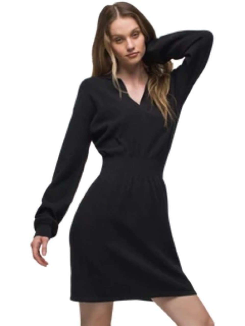 Prana New Small Milani Sweater Dress Black V Neck Collared Cotton Wool Blend